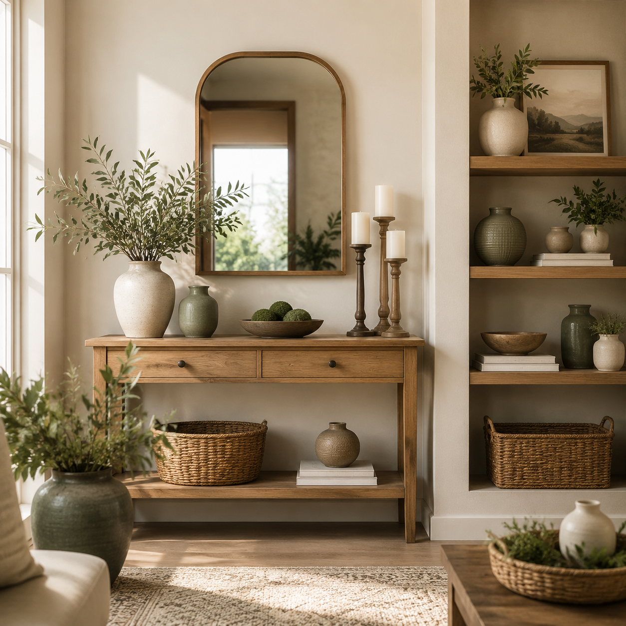Home decor with a wooden console, mirror, vases, and decorative accents