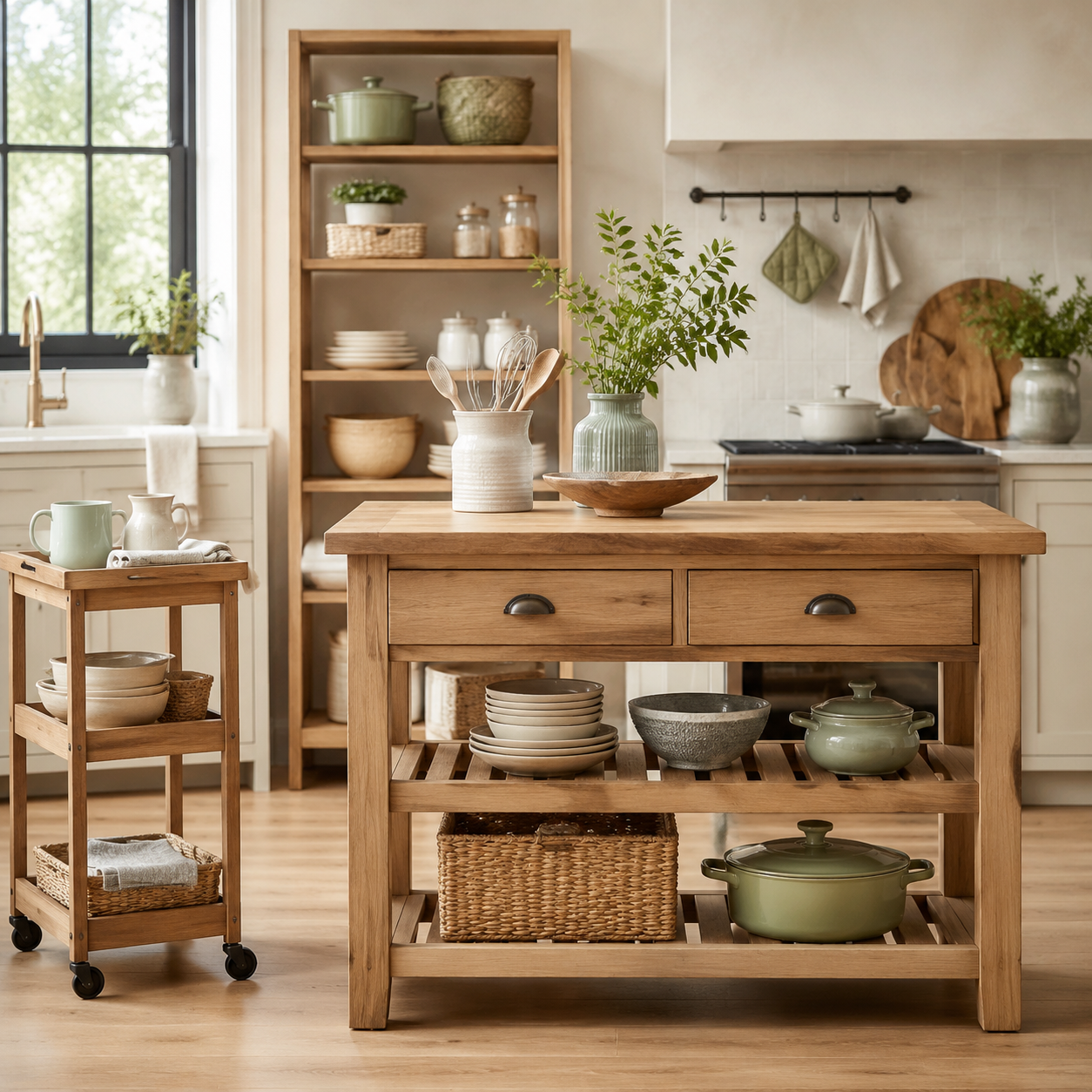 Wooden kitchen island, storage shelf, and serving cart in a bright kitchen