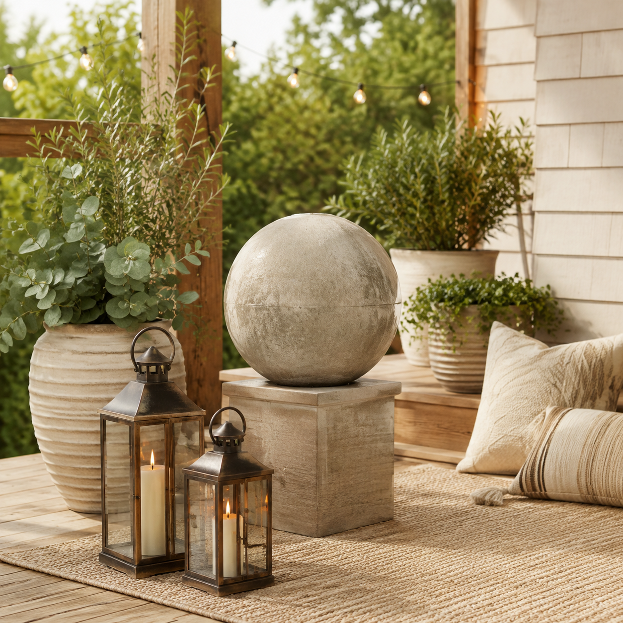 Outdoor lanterns, planters, pillows, and patio decorations