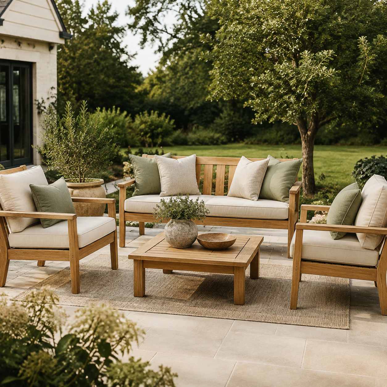 Wooden outdoor seating set with a patio table in a backyard