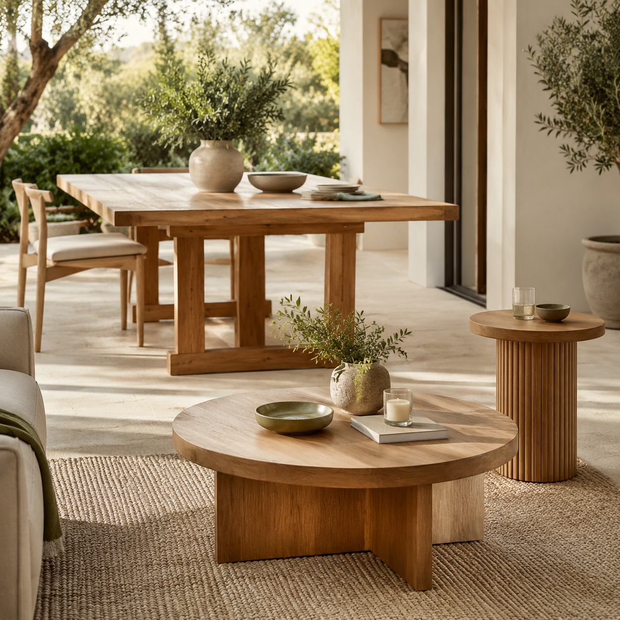 Wooden dining, coffee, and side tables in a bright living space