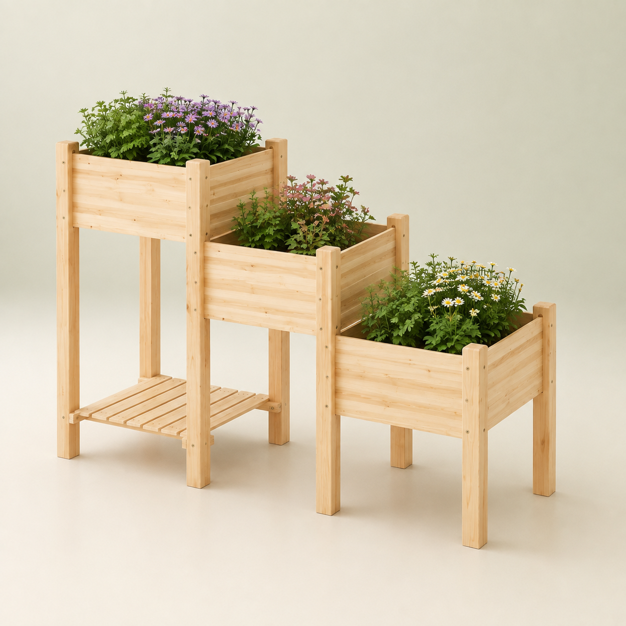 Three-tier natural fir wood planter with three elevated garden boxes