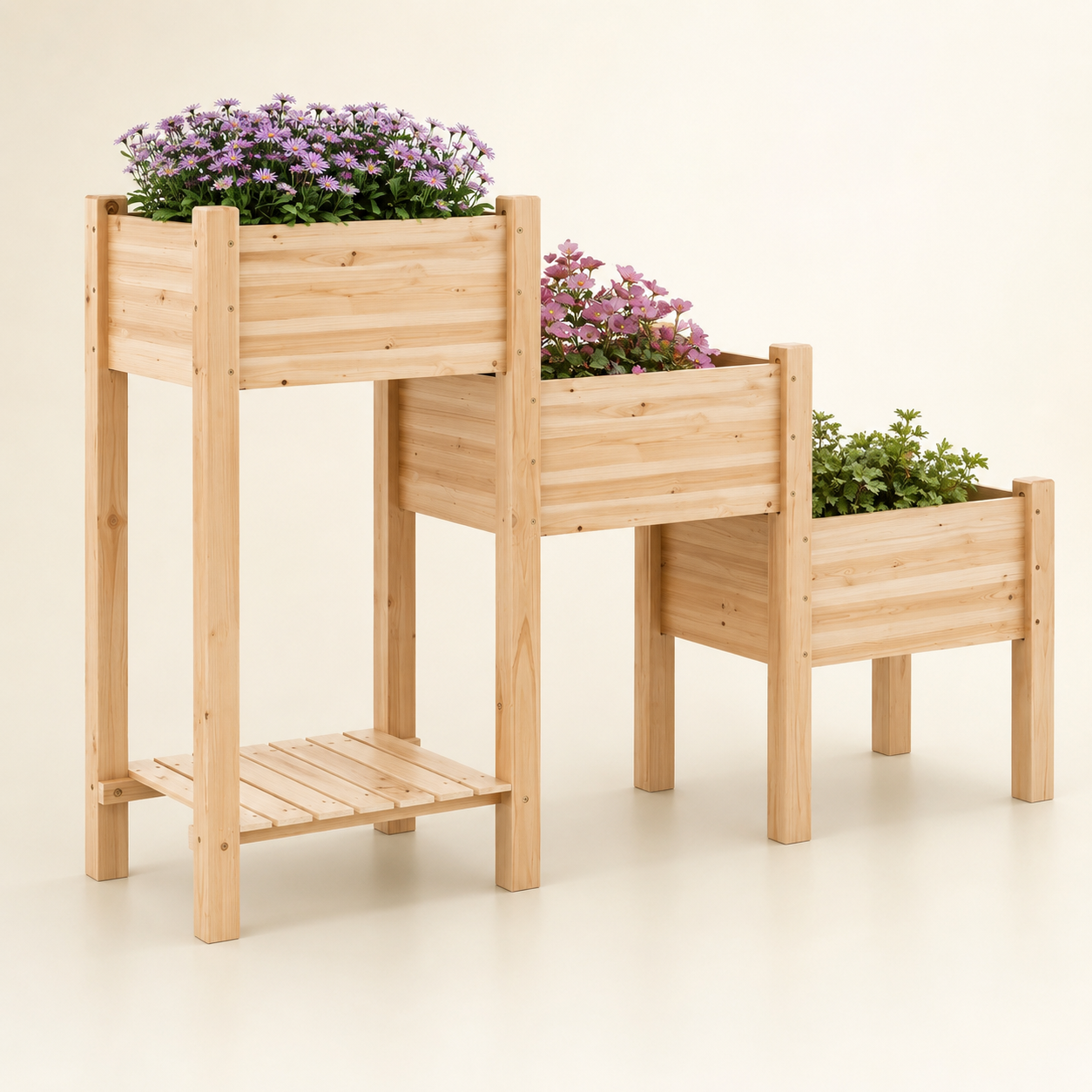 Three-tier fir wood raised garden bed with storage shelf