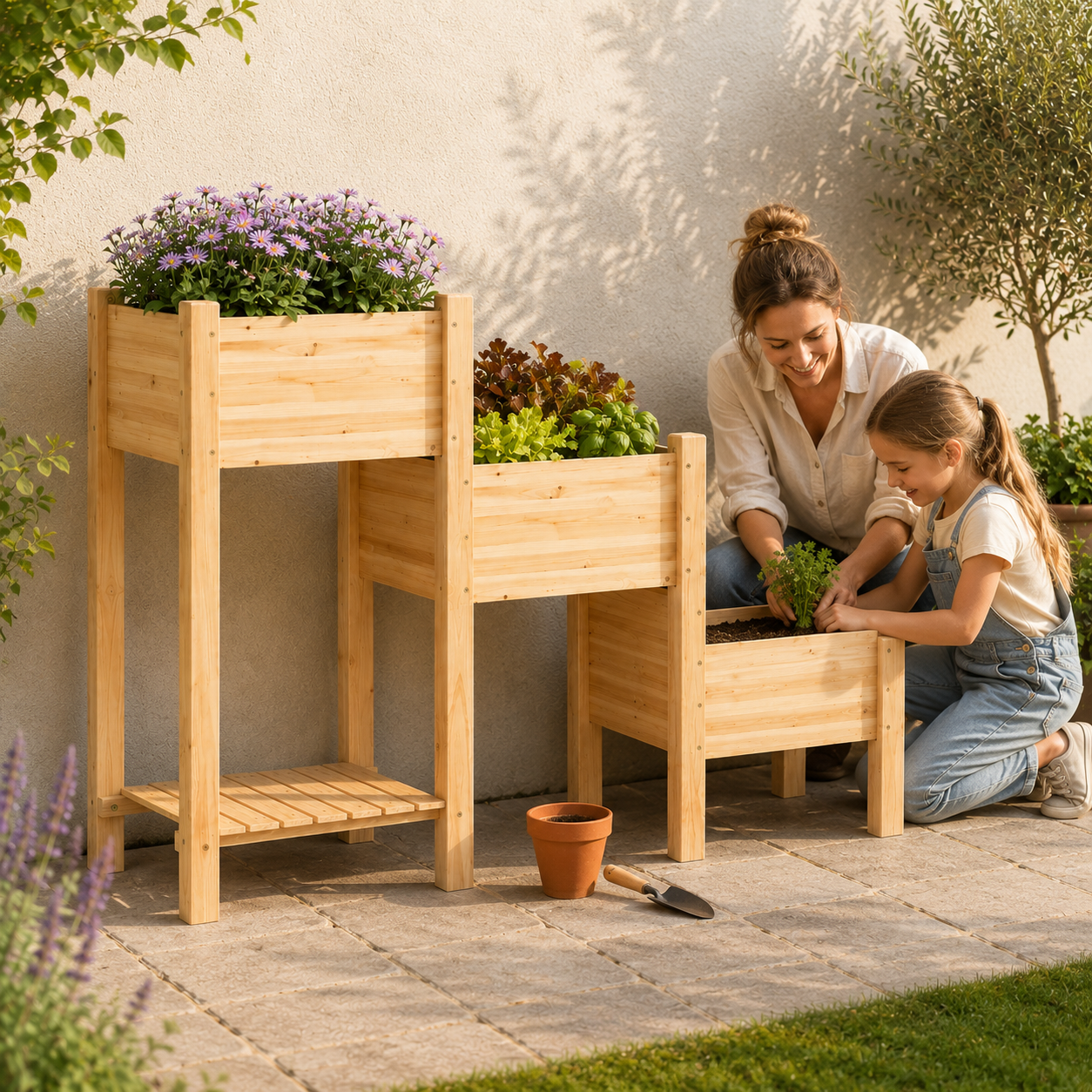 Mother and child planting herbs in a three-tier wooden raised garden bed