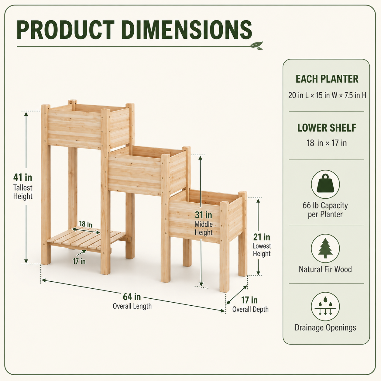 Three-tier fir wood raised garden bed dimensions and features