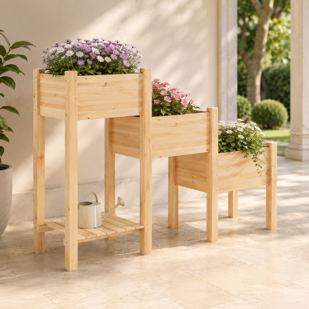 Three-tier fir wood raised garden bed with flowers on a sunny patio