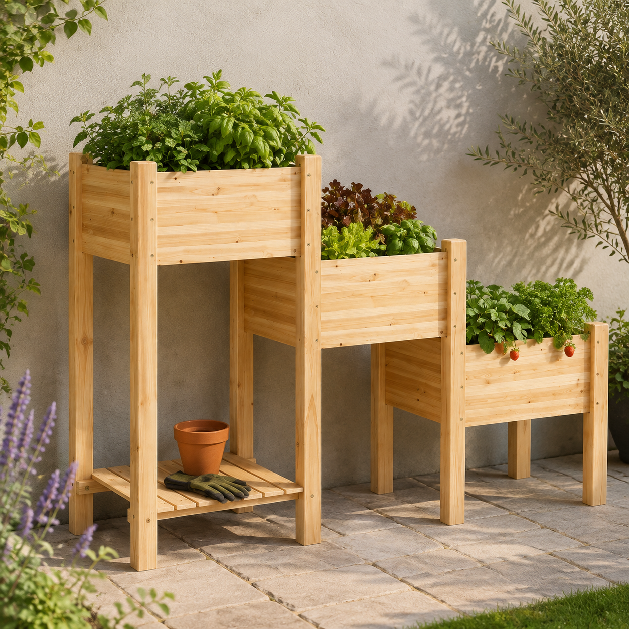 Three-tier wooden raised garden bed planted with herbs and vegetables