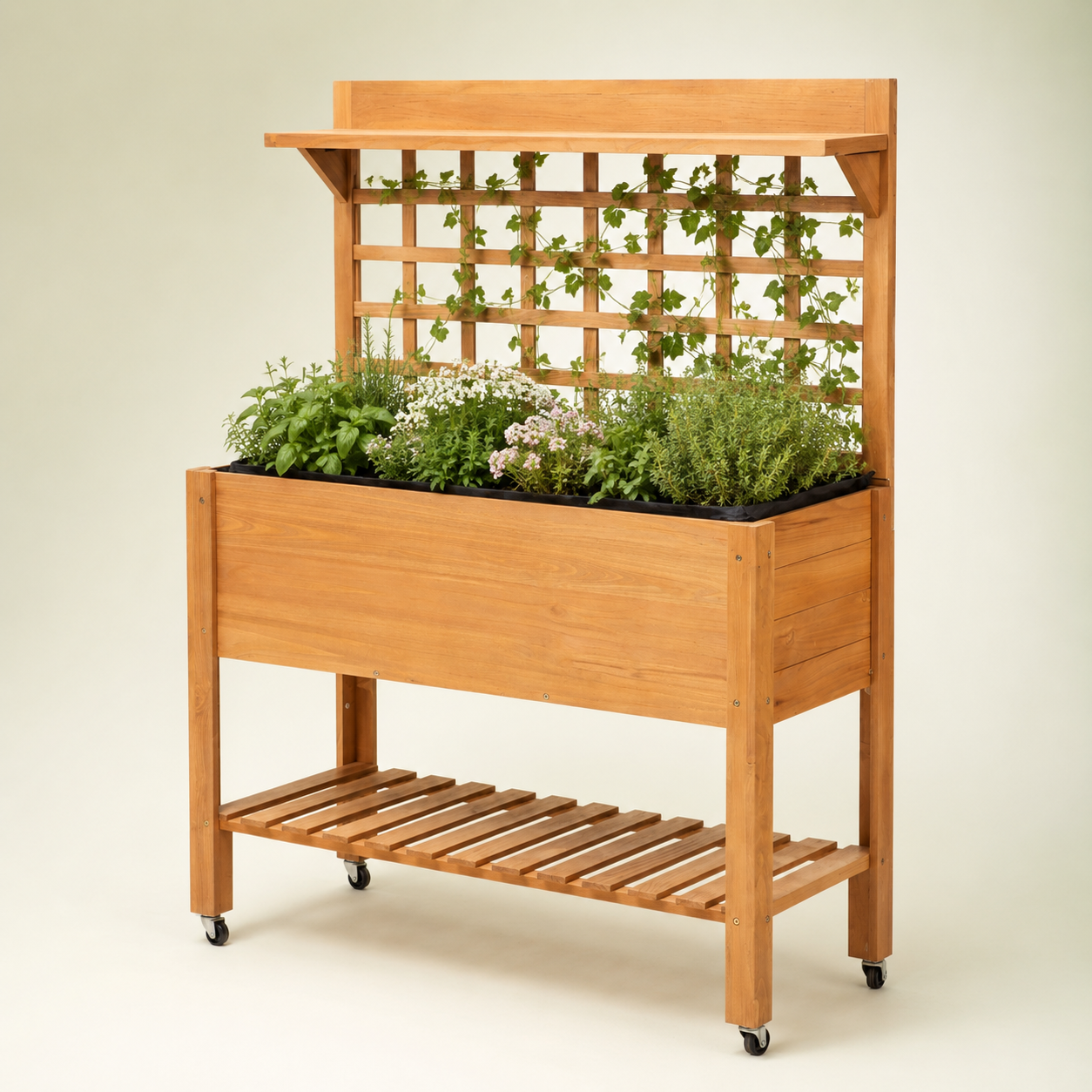 Brown mobile wooden planter with trellis, shelves, and caster wheels