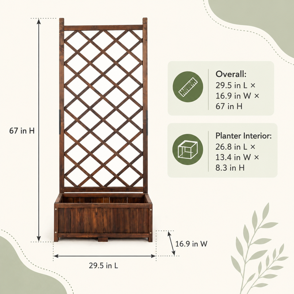 Dimensions of the 67-inch fir wood planter with lattice trellis and planting box