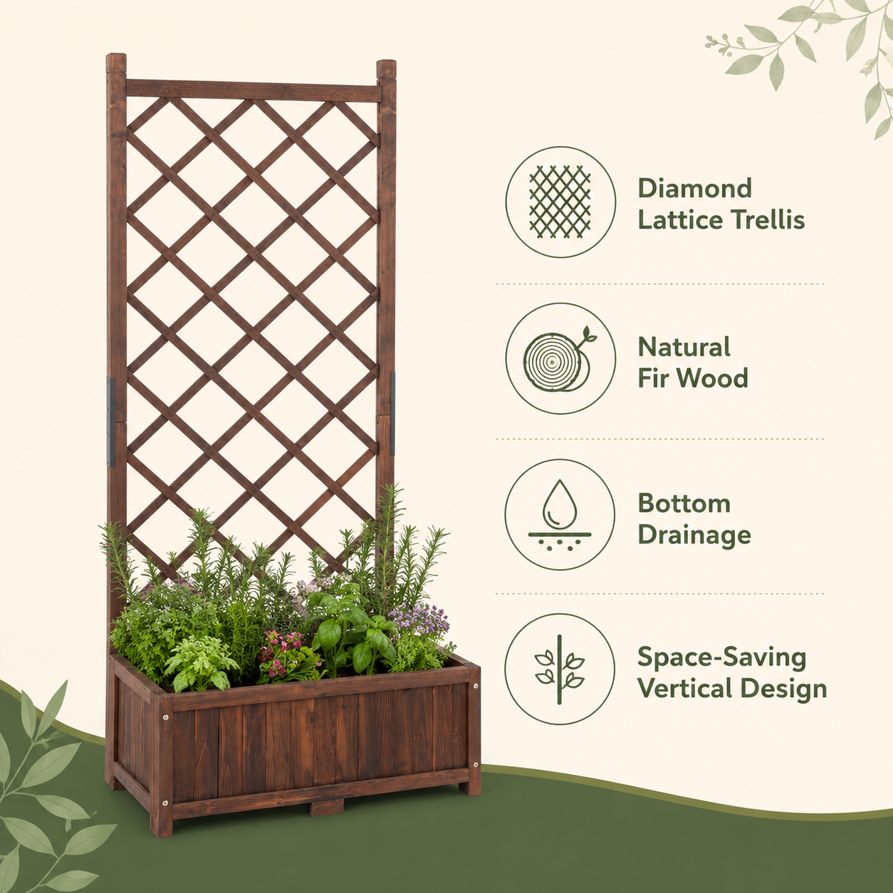 Features of the fir wood planter including lattice trellis and bottom drainage