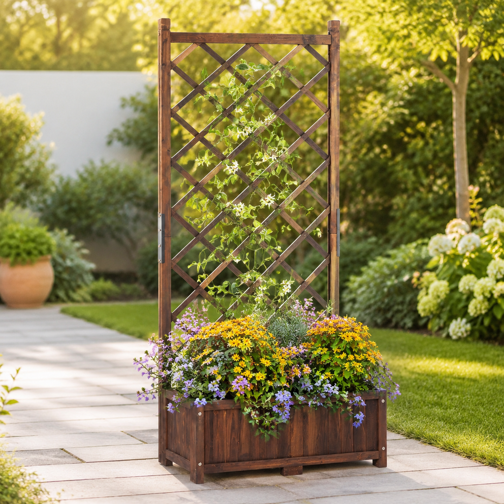 Wooden planter with climbing trellis and colorful flowers in a backyard garden