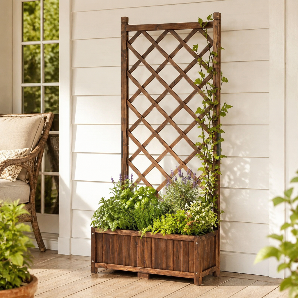 Fir wood planter with lattice trellis filled with herbs and flowers on a patio