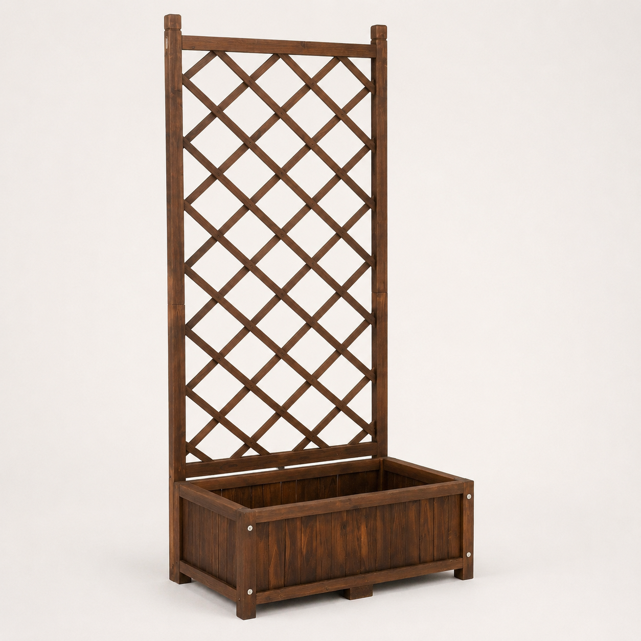 Angled view of a 67-inch fir wood planter box with tall lattice trellis