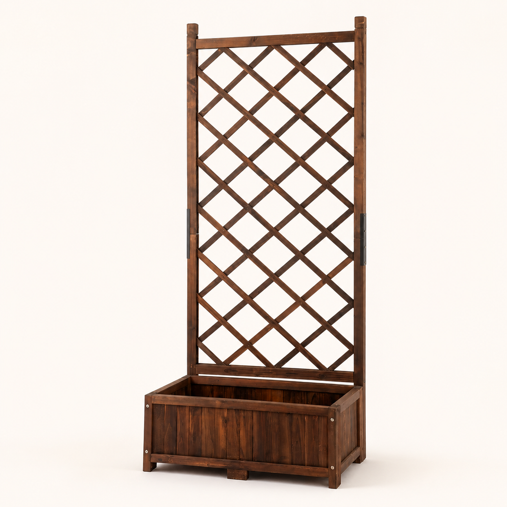 67-inch fir wood planter with diamond lattice trellis on a warm studio background