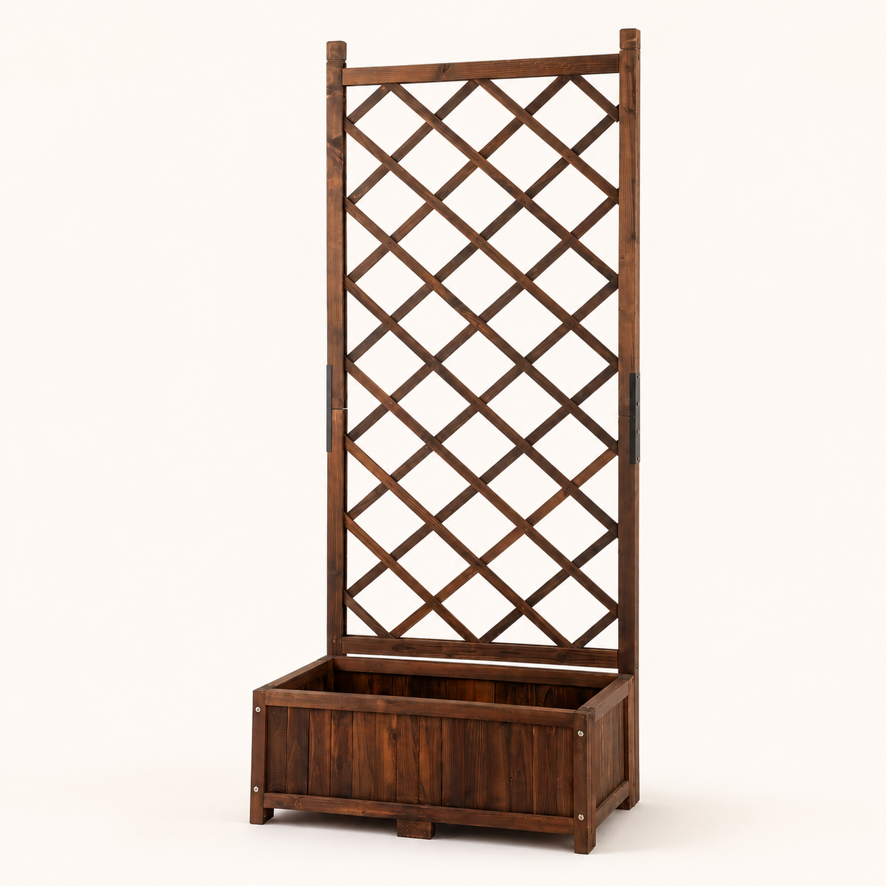 67-inch fir wood planter with diamond lattice trellis on a warm studio background