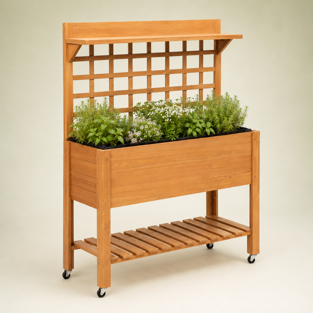 Brown elevated garden planter with rear trellis and storage shelves