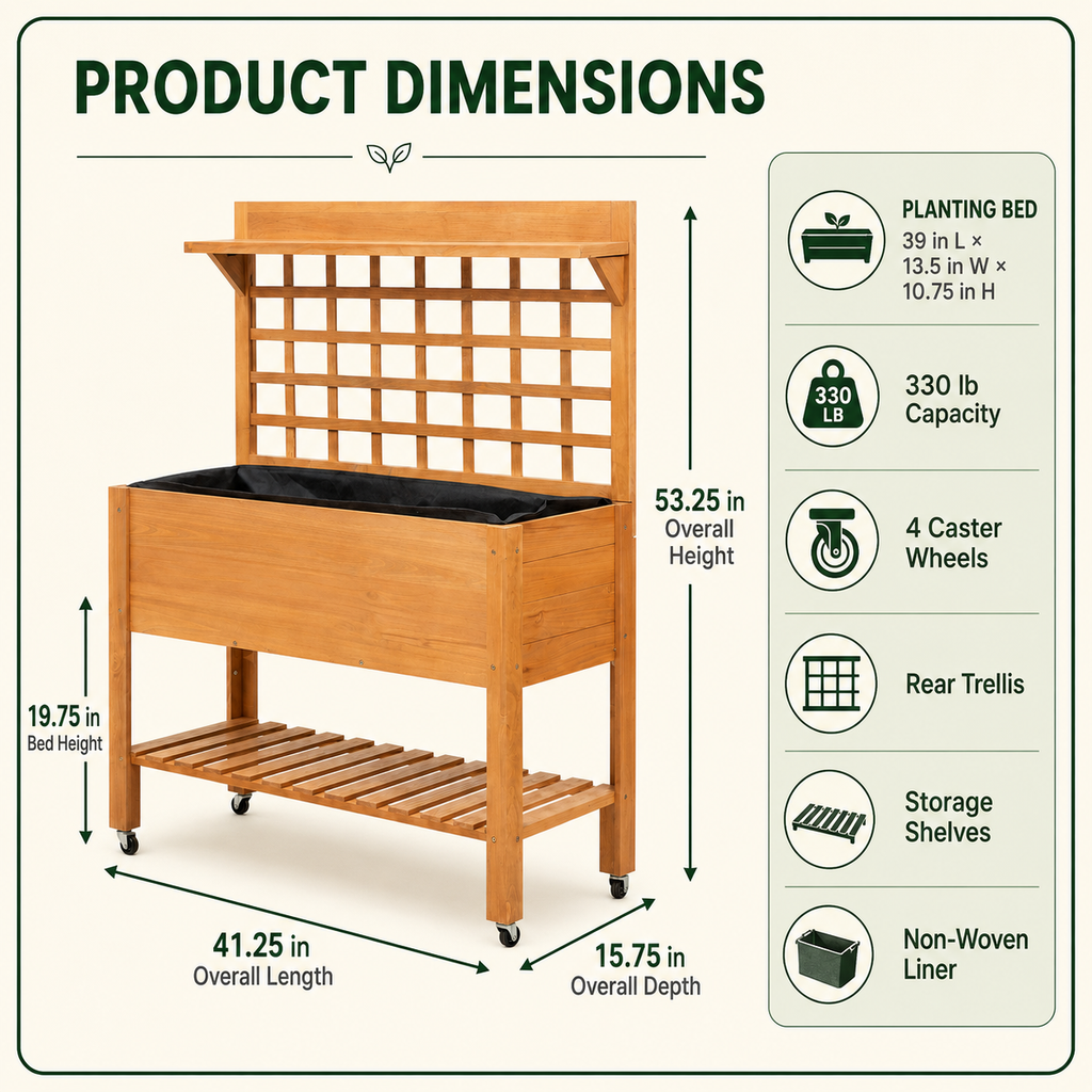 Brown mobile planter dimensions, trellis, liner, shelves, and wheels