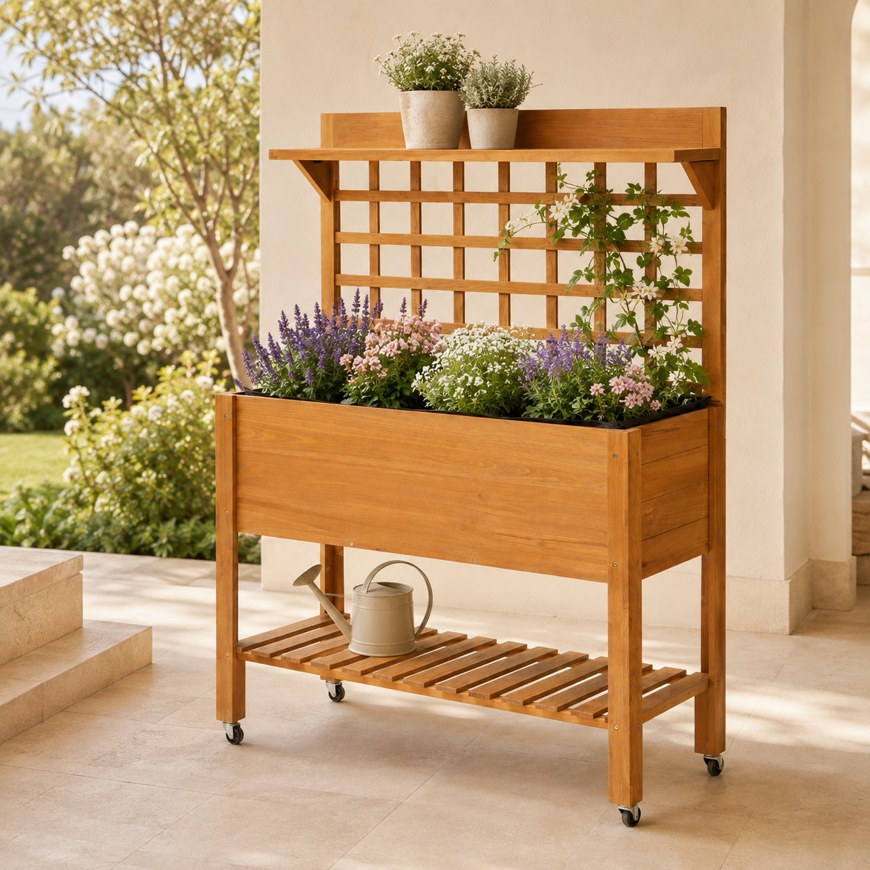 Brown wooden mobile planter with flowers on a sunny patio