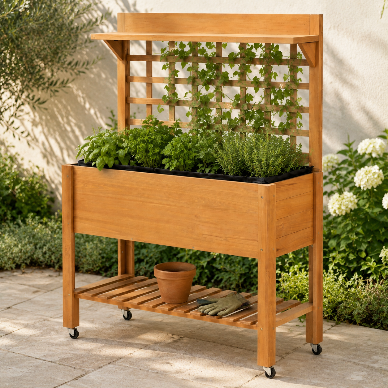 Brown mobile planter with trellis planted with fresh herbs