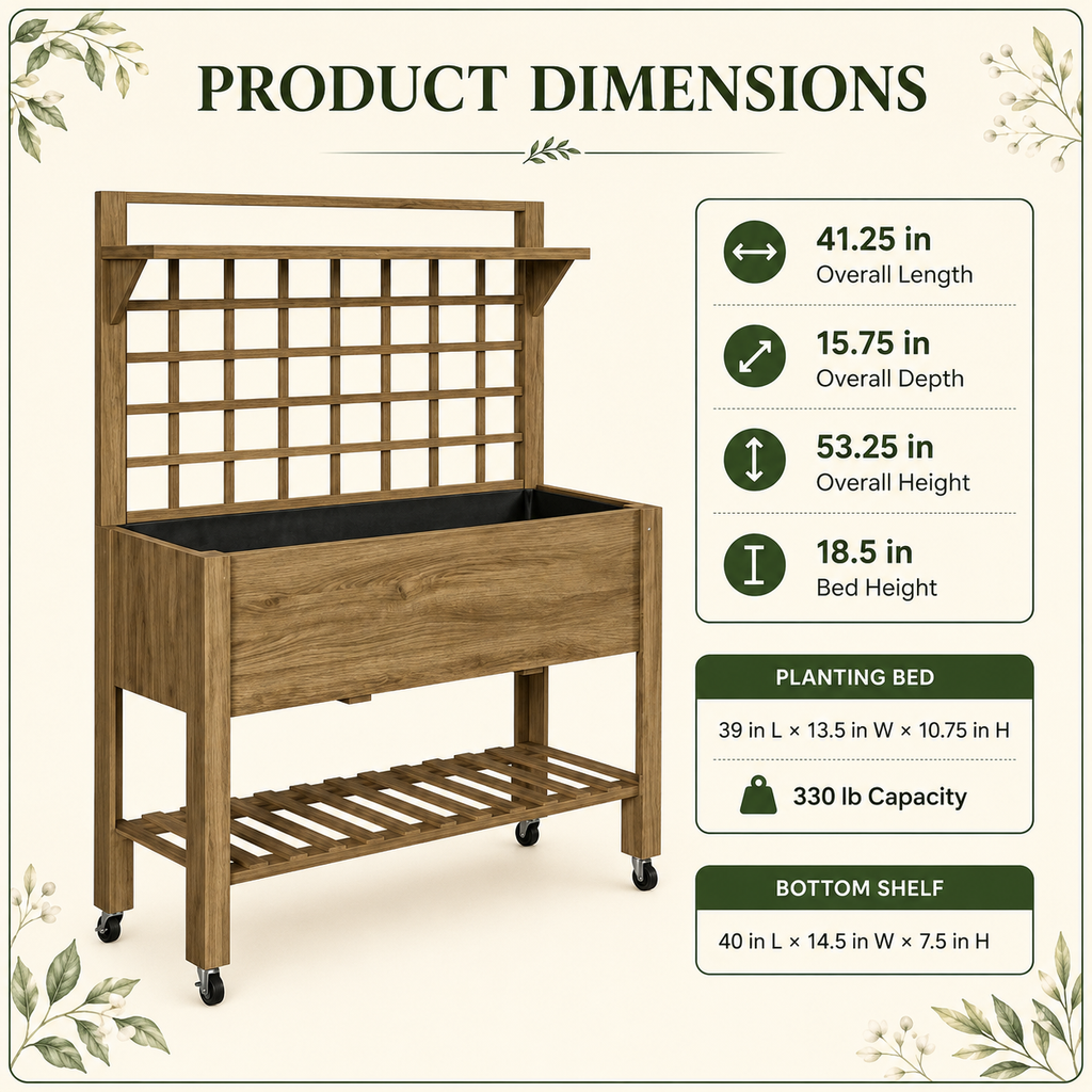 Dark brown mobile planter dimensions and planting-bed measurements