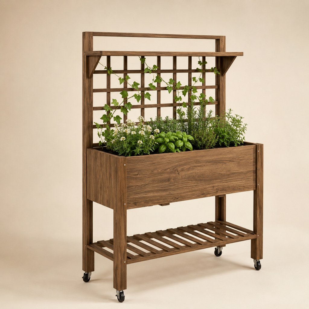 Dark brown mobile wooden planter with trellis, shelves, and caster wheels