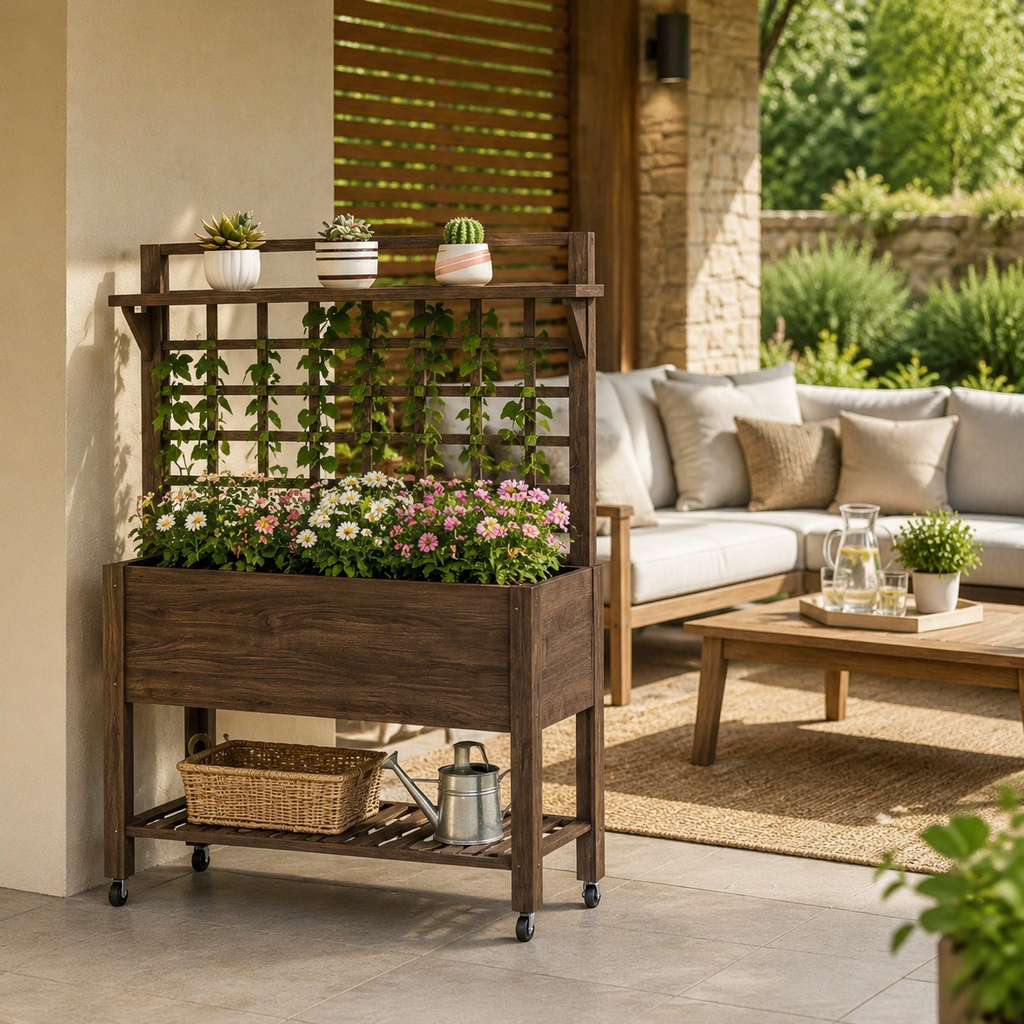 Dark brown mobile planter used as a decorative patio space divider