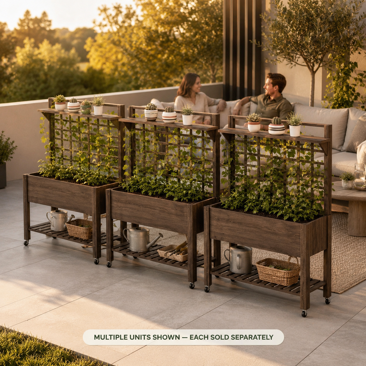 Three dark brown mobile planters creating a living privacy screen on a patio
