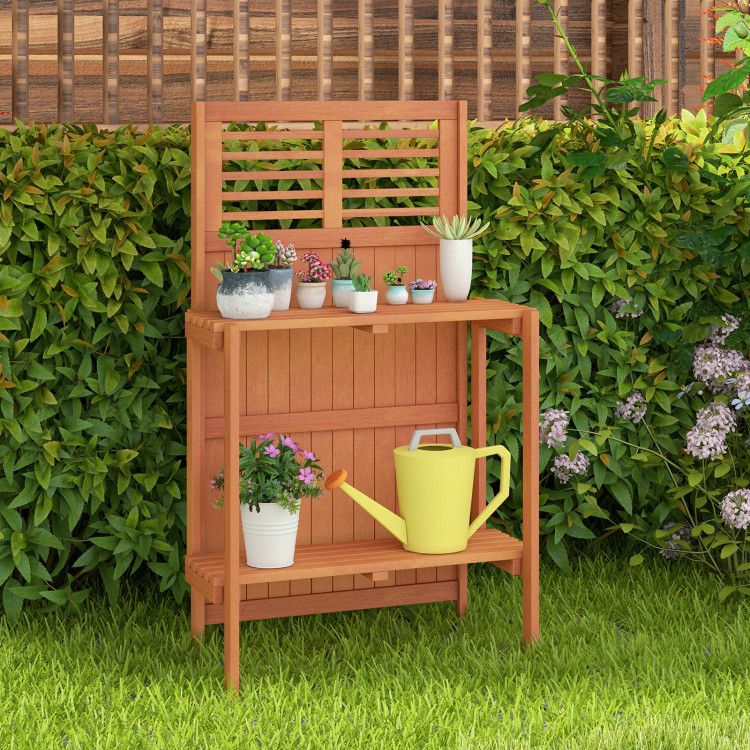 Folding Garden Potting Bench with 2-tier Storage Shelves and Teak Oil Finish for Garden Yard Balcony – product view 2 of 9