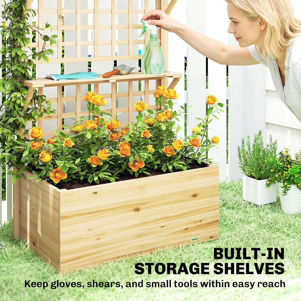 Wooden Raised Garden Bed with Trellis and Roof, Elevated Planter Box with 2 Shelves, Drainage Hole and Liner, Natural – product view 6 of 11