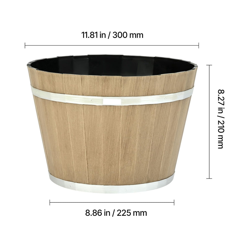 Plant Pots, 4 Pack 11.81 inch Whiskey Barrel Planters with Drainage Holes, Large Outside Plastic Decoration Flower Pot Imitation Wine Barrel Design for Indoor Outdoor Garden Home Plants, Brown – product view 5 of 9