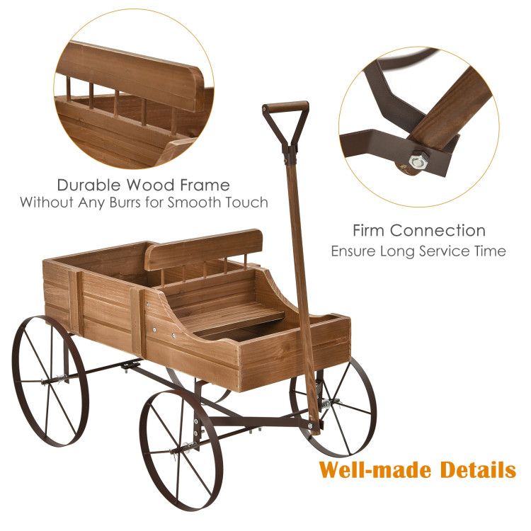 Wooden Wagon Plant Bed with Metal Wheels for Garden Yard Patio – product view 36 of 50