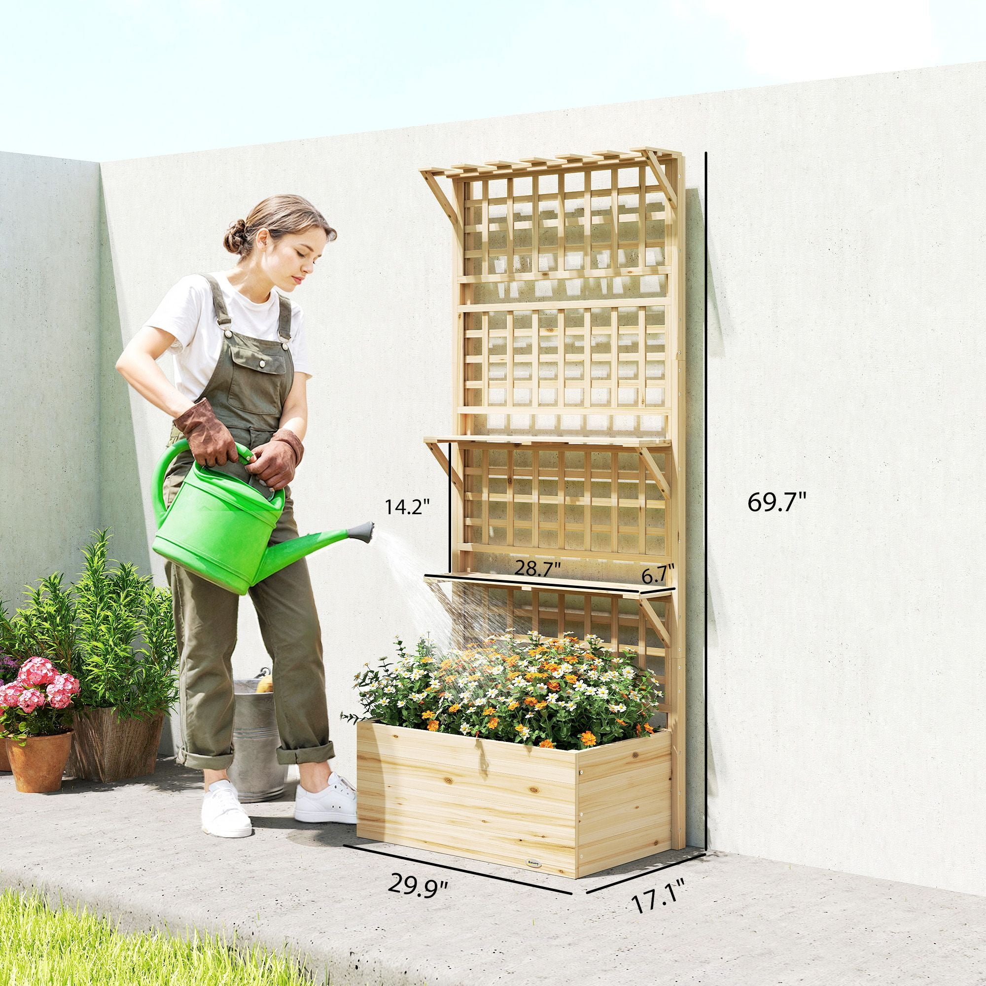 Wooden Raised Garden Bed with Trellis and Roof, Elevated Planter Box with 2 Shelves, Drainage Hole and Liner, Natural – product view 3 of 11