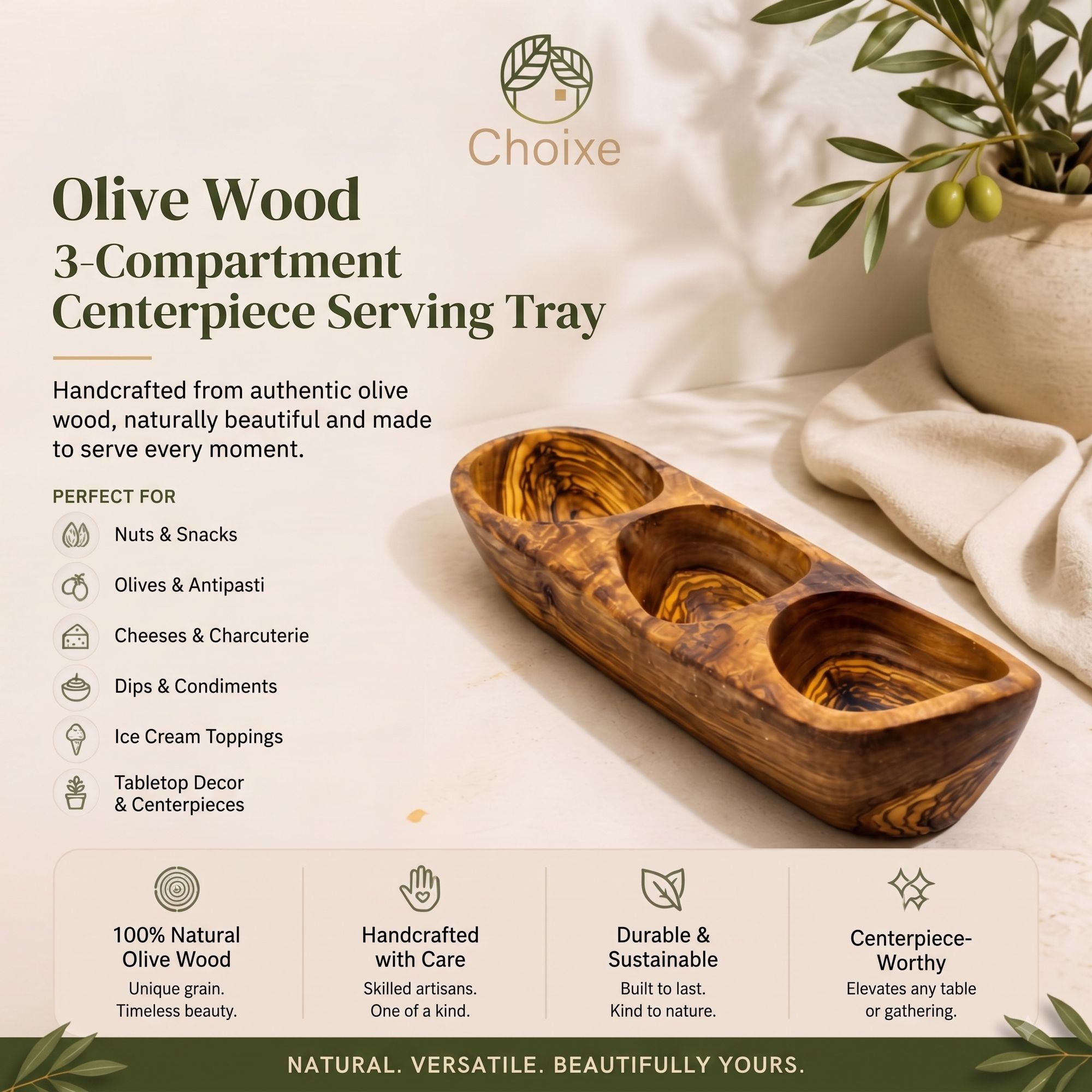 12.7-Inch Olive Wood 3-Compartment Serving Dish – product view 5 of 7