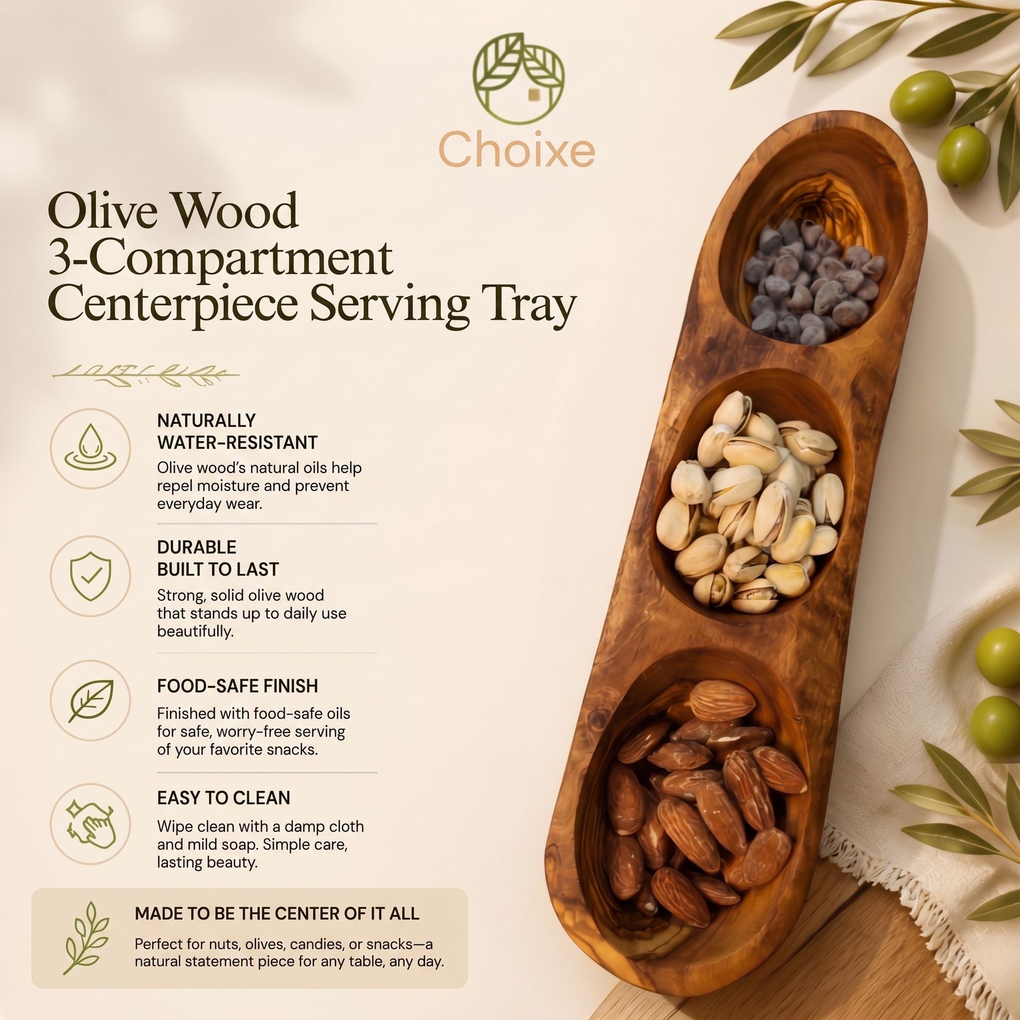 12.7-Inch Olive Wood 3-Compartment Serving Dish – product view 4 of 7