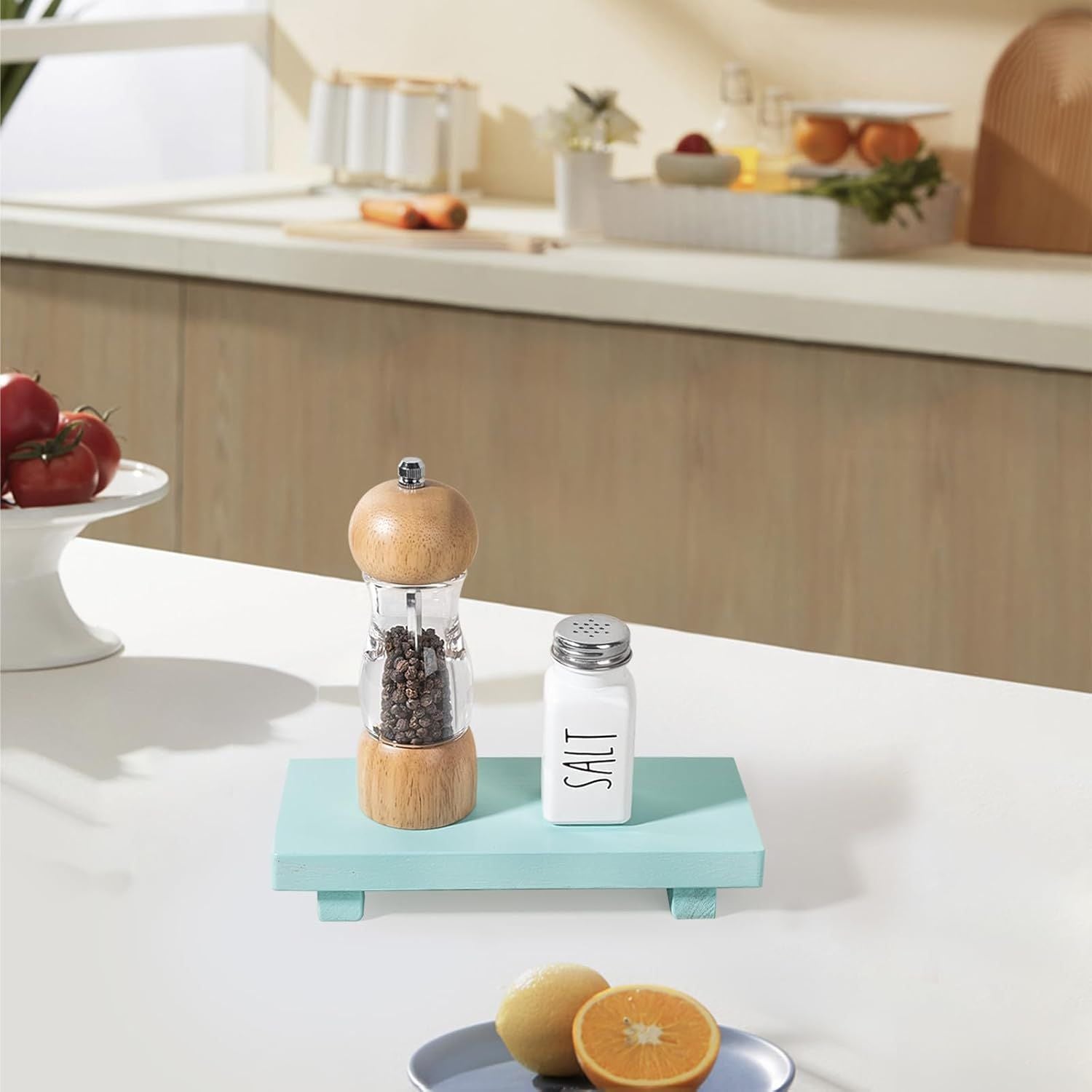 Small Light Blue Wood Pedestal Tray – product view 6 of 7