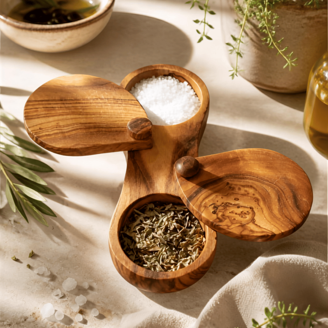Olive Wood Dual Spice Box with Swivel Lids – product view 3 of 8