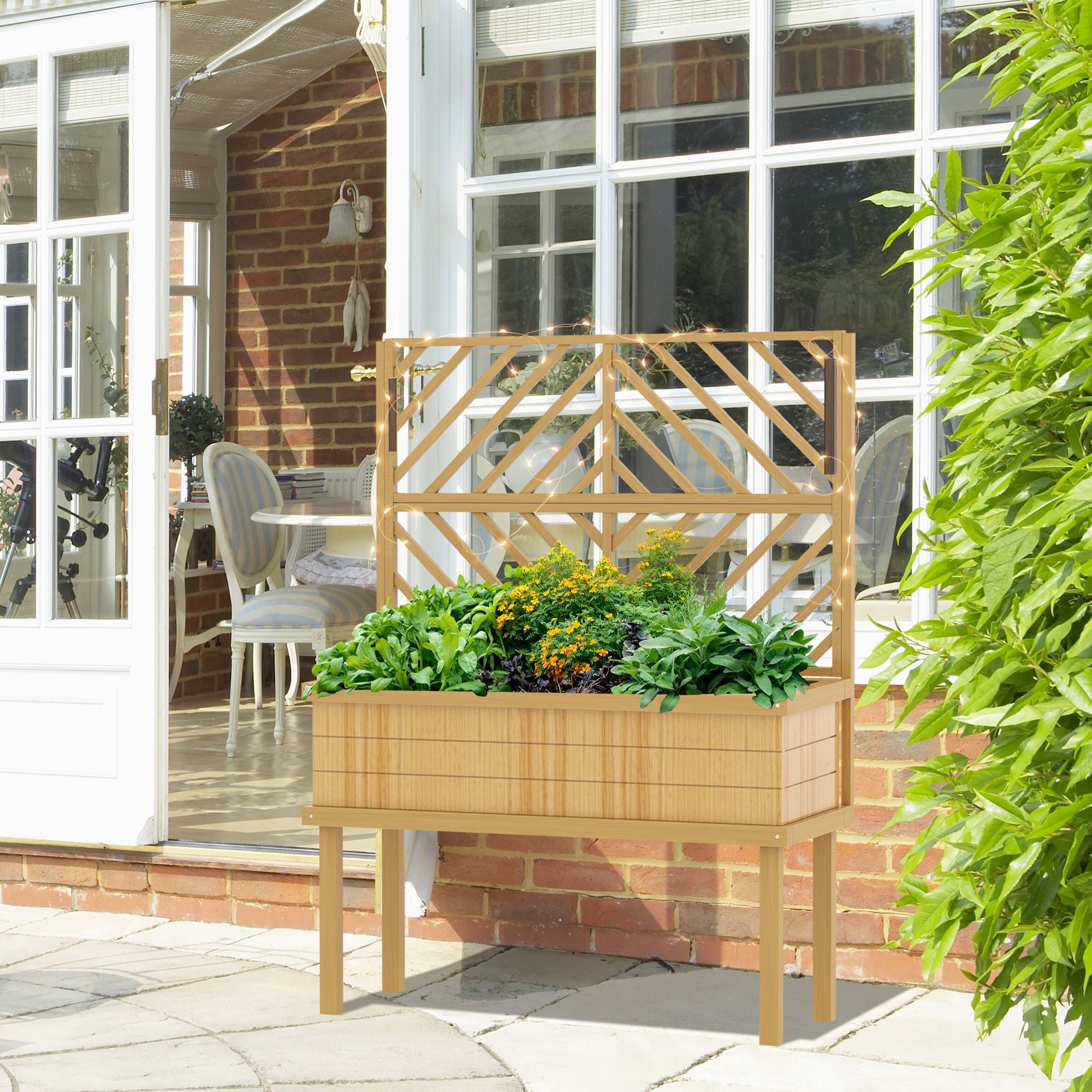 Elevated Wood Planter with Trellis for Climbing Plants, Raised Garden Bed with Legs and Drainage Holes, Natural Wood – product view 8 of 11