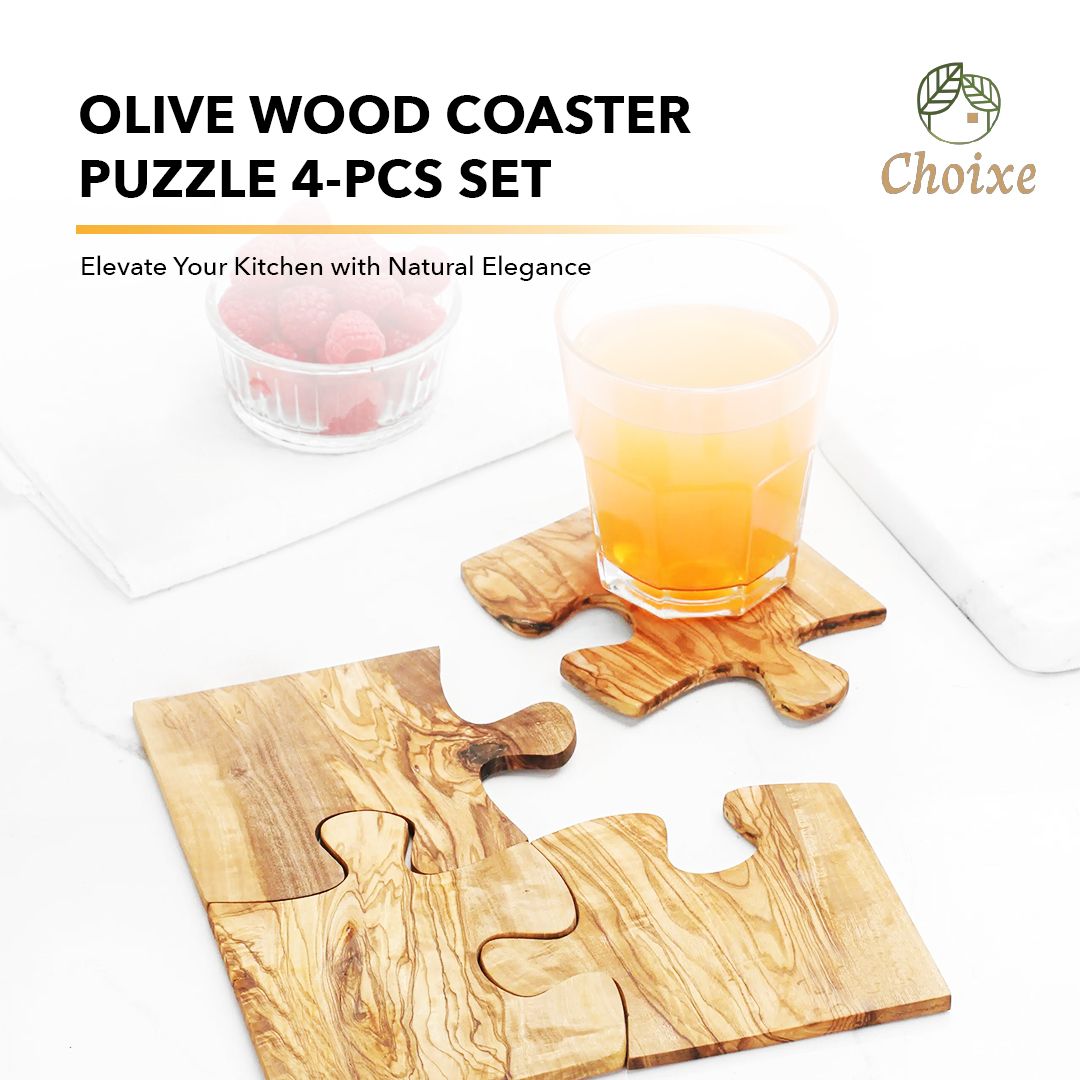 4-Piece Olive Wood Puzzle Coaster Set – product view 3 of 7