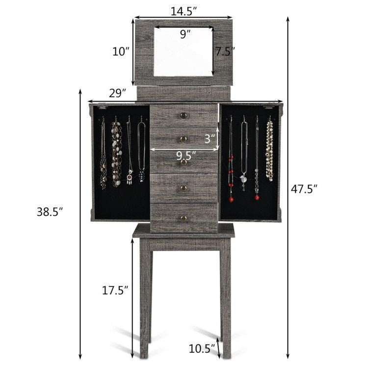 Standing Jewelry Cabinet with 5 Drawers and Mirror – product view 9 of 12