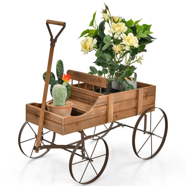 Wooden Wagon Plant Bed with Metal Wheels for Garden Yard Patio – product view 3 of 50