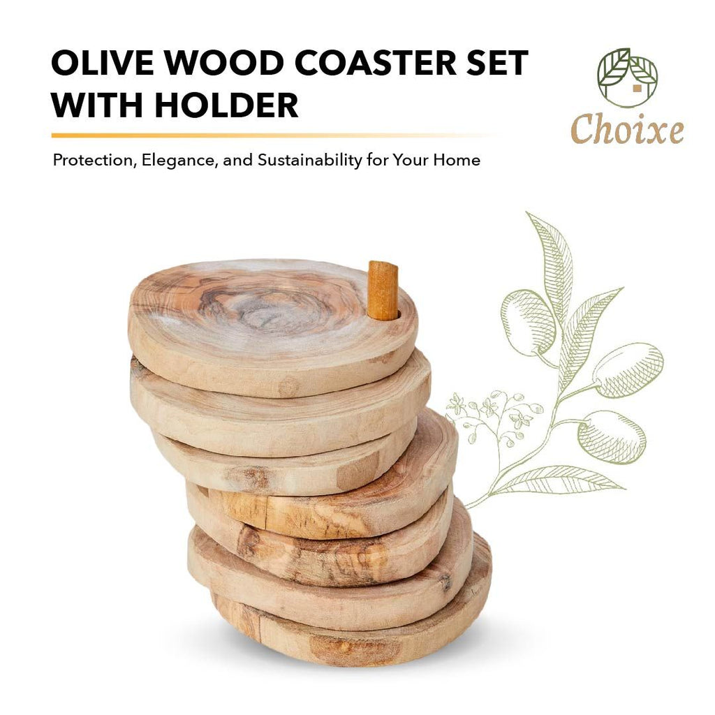 7-Piece Olive Wood Coaster Set with Holder – product view 2 of 9