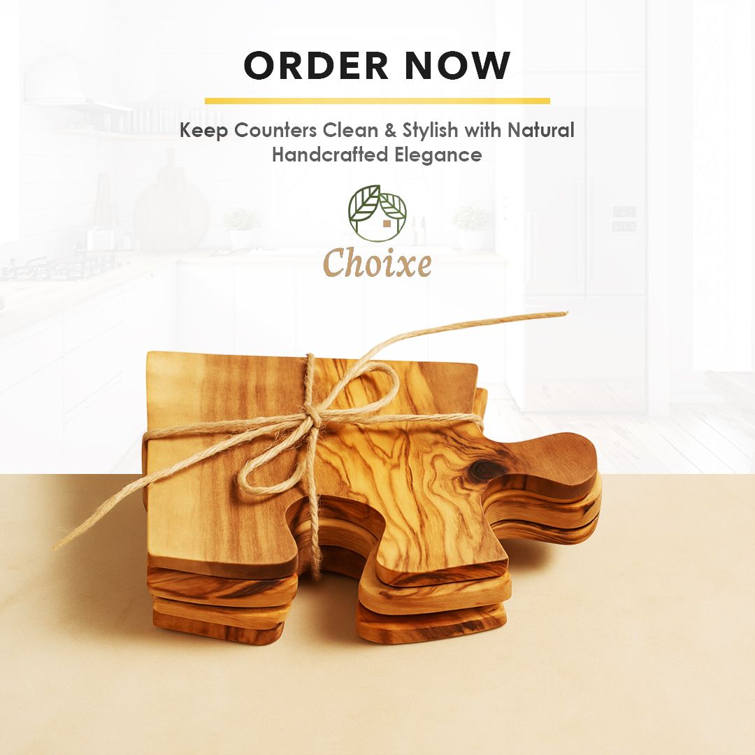 4-Piece Olive Wood Puzzle Coaster Set – product view 7 of 7