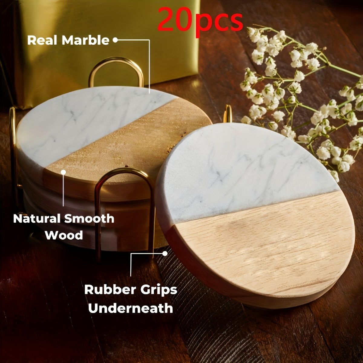 Set of 20 Marble-Pattern Wooden Coasters – product view 2 of 9