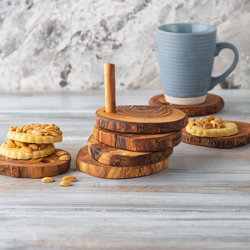 7-Piece Olive Wood Coaster Set with Holder – product view 7 of 9