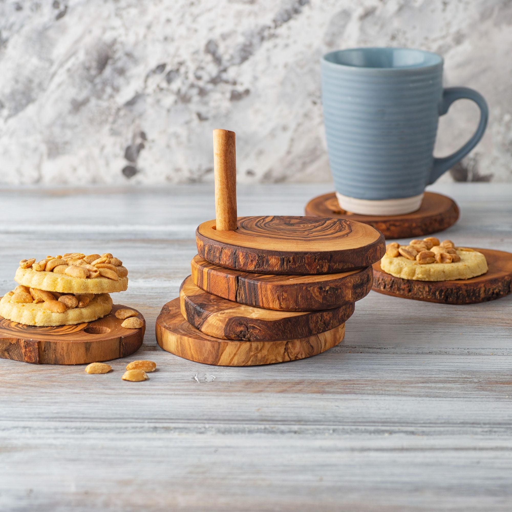7-Piece Olive Wood Coaster Set with Holder – product view 7 of 9