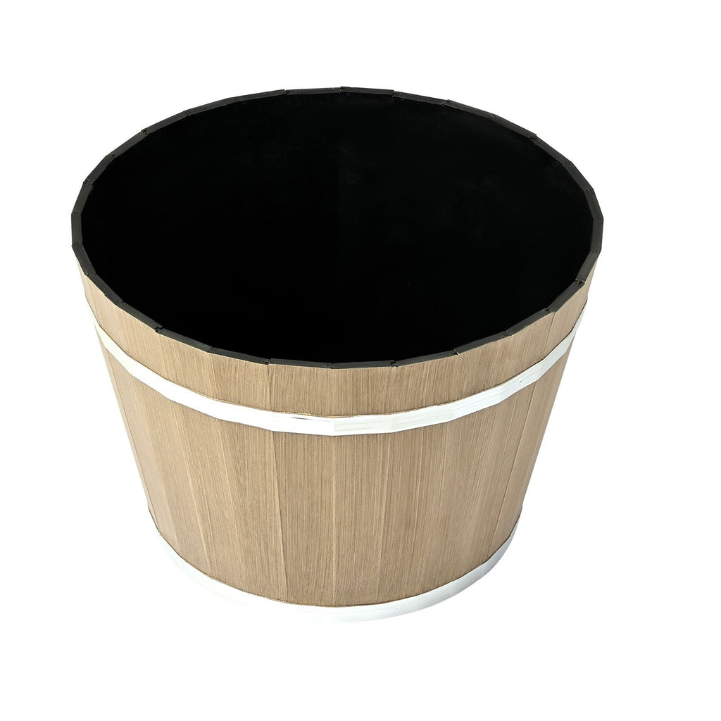 Plant Pots, 4 Pack 11.81 inch Whiskey Barrel Planters with Drainage Holes, Large Outside Plastic Decoration Flower Pot Imitation Wine Barrel Design for Indoor Outdoor Garden Home Plants, Brown – product view 3 of 9