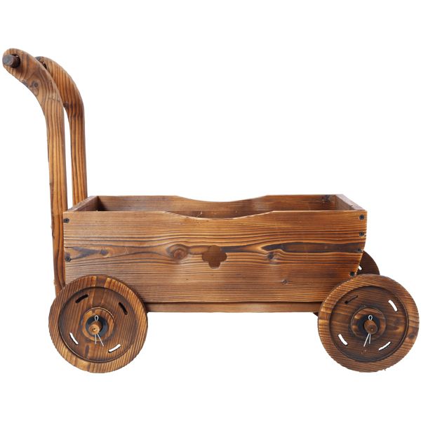 Wooden Wagon Planter Box, Mobile Garden Planter with 4 Wheels, Handle, Drain Hole, Decorative Flower Planter for Indoor & Outdoor Decor, Wooden Flower Cart for Patio, Garden, Balcony, Brown – product view 12 of 15
