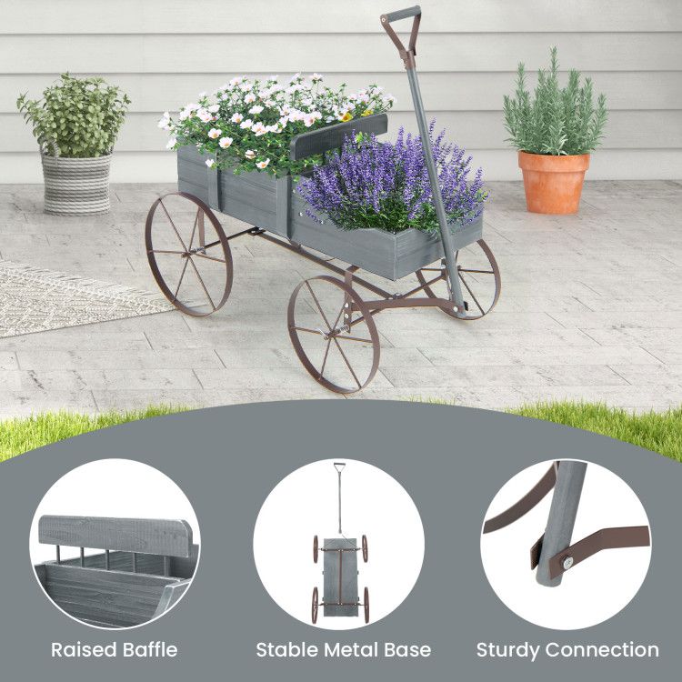 Wooden Wagon Plant Bed with Metal Wheels for Garden Yard Patio – product view 45 of 50