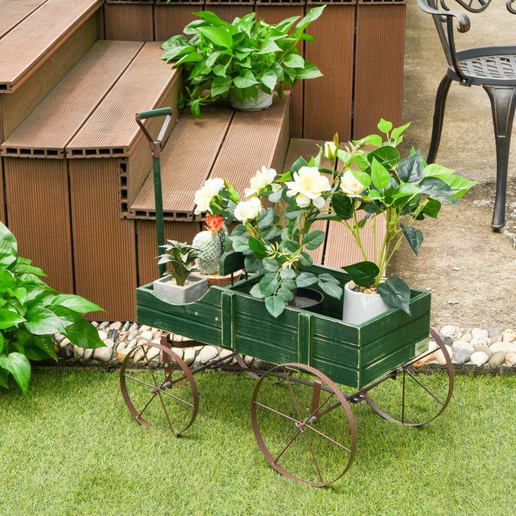 Wooden Wagon Plant Bed with Metal Wheels for Garden Yard Patio – product view 17 of 50