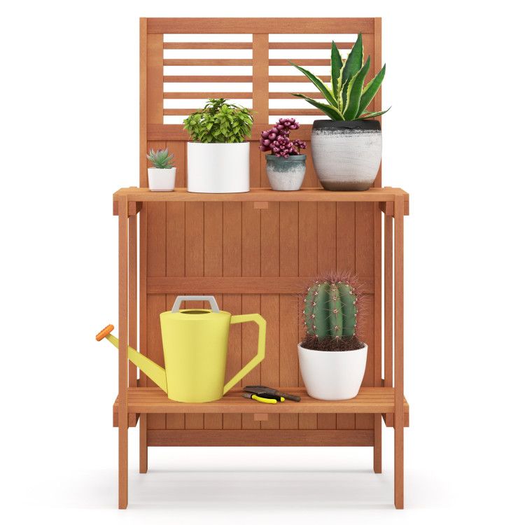 Folding Garden Potting Bench with 2-tier Storage Shelves and Teak Oil Finish for Garden Yard Balcony – main product view